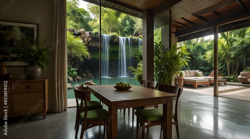 Fototapeta premium Natural green shade dining room of a house resort by rain water.generative.ai 