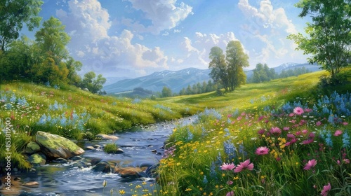 Serene and Picturesque Spring Landscape Featuring a Vibrant Meadow Filled with Blooming Flowers a Meandering Babbling Brook