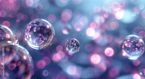 floating water drops on a blue and purple background with a bokeh effect. Abstract macro photo of bubbles in the air. Delicate design for cosmetic products, spas, or beauty, background with bubbles