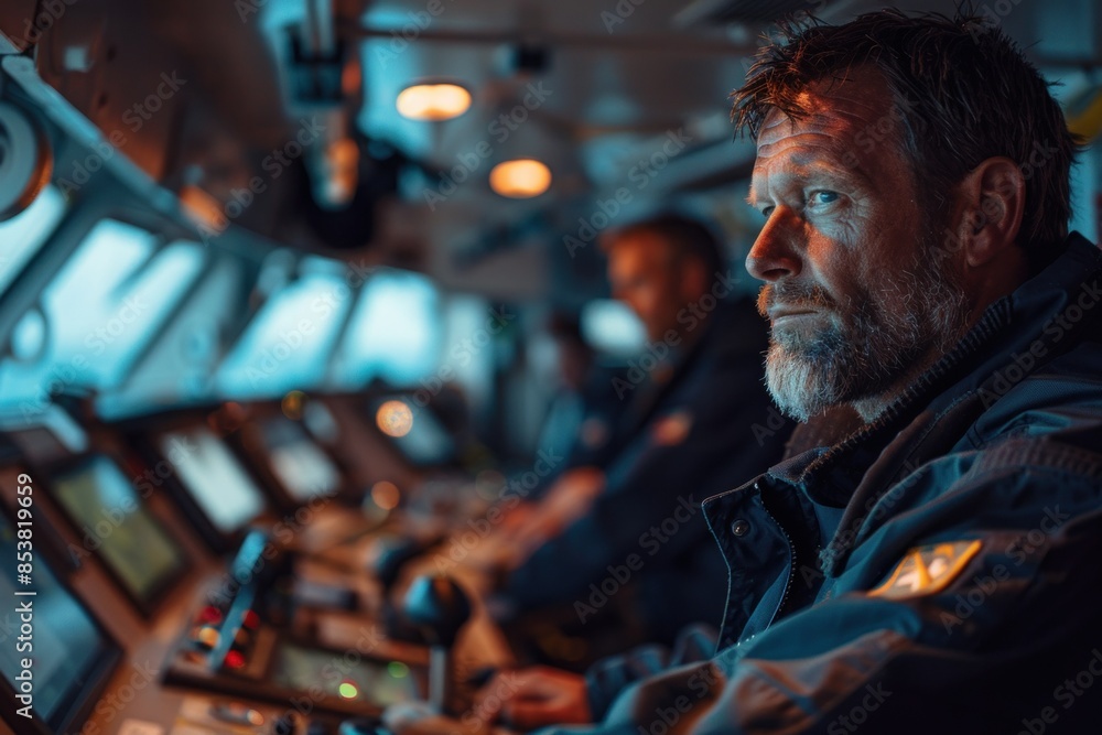 The cruise ship's captain is depicted in command on the bridge, with a navigation officer diligently watching the instruments. The bridge is filled with cutting-edge navigation tools and displays, The cruise ship's captain is depicted in command on the bridge, with a navigation officer diligently watching the instruments. The bridge is filled with cutting-edge navigation tools and displays,