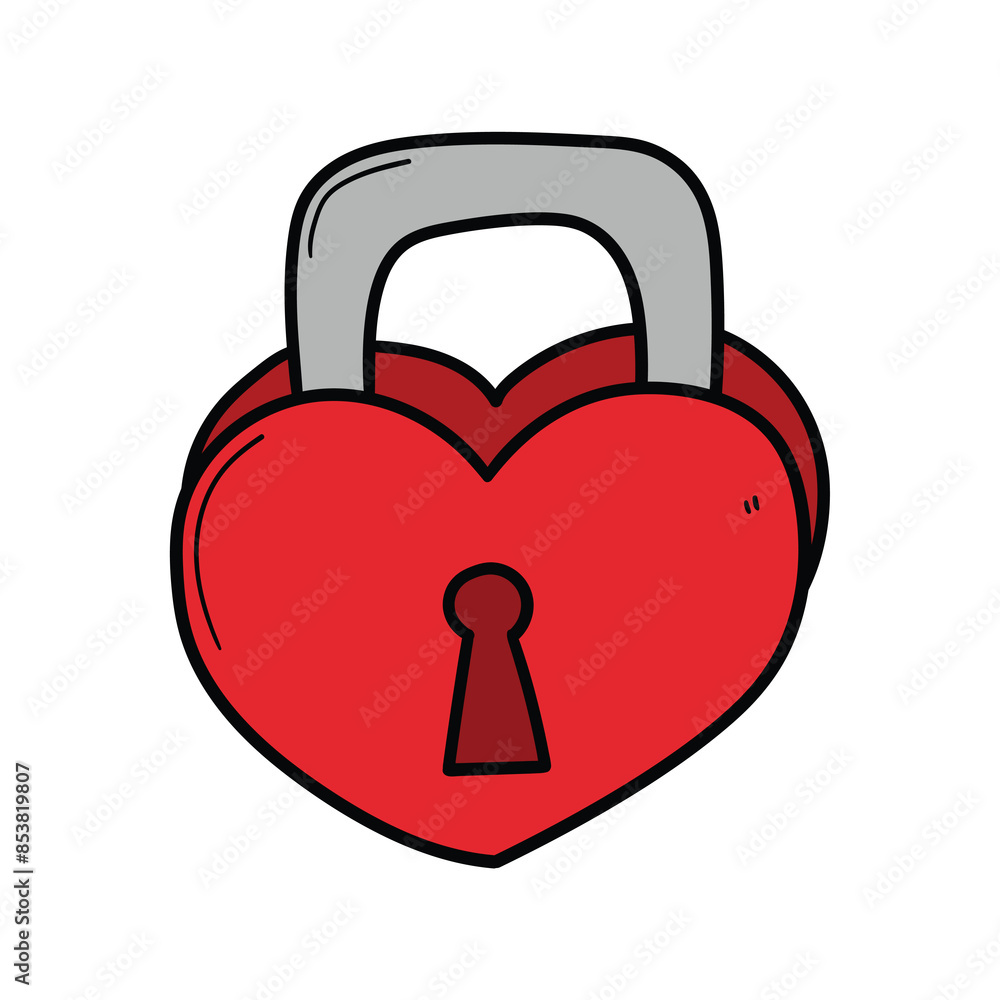 Hand drawn cartoon red closed heart shaped padlock on white background. Hand drawn cartoon red closed heart shaped padlock on white background.