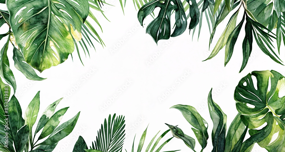 an invitation for an event with a watercolor tropical leaves border, featuring green palm and monstera leaves on a white background, ideal for summer parties and gatherings