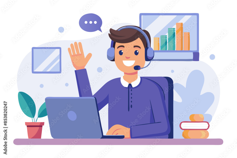 A smiling young man in a headset sits in the office talks smiles and greets with his hand to the camera conducts online consultations and remote training modern flat design simple vector illustration A smiling young man in a headset sits in the office talks smiles and greets with his hand to the camera conducts online consultations and remote training modern flat design simple vector illustration