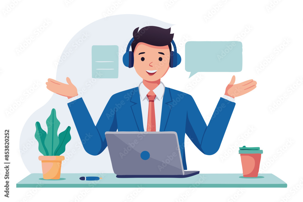 A serious and focused young man businessman conducts a business meeting via video call sits in the office in a headset in front of a laptop and explains gesturing with his hands modern flat design A serious and focused young man businessman conducts a business meeting via video call sits in the office in a headset in front of a laptop and explains gesturing with his hands modern flat design