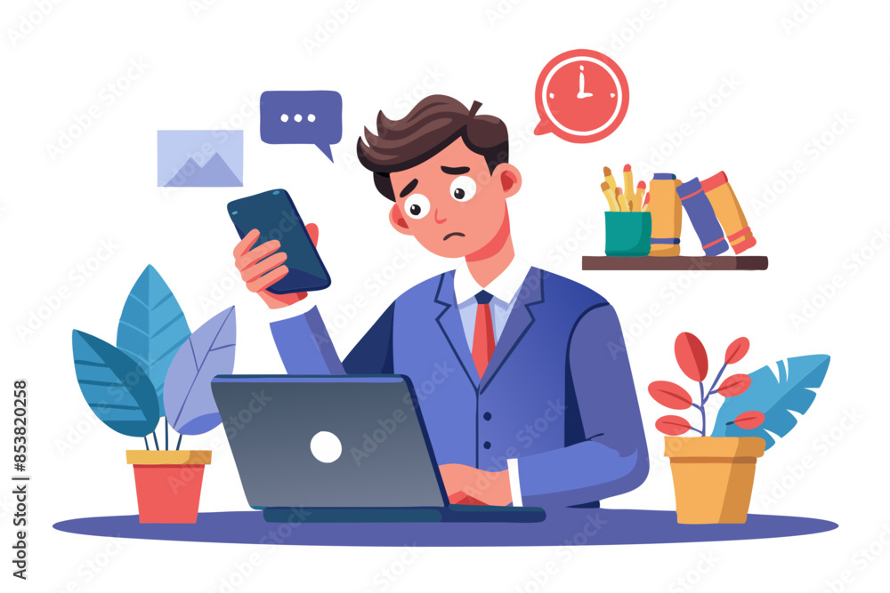 Frustrated man using phone and laptop in office solving problem technical issues and business stress modern flat design simple vector illustration isolated transparent background; Frustrated man using phone and laptop in office solving problem technical issues and business stress modern flat design simple vector illustration isolated transparent background;