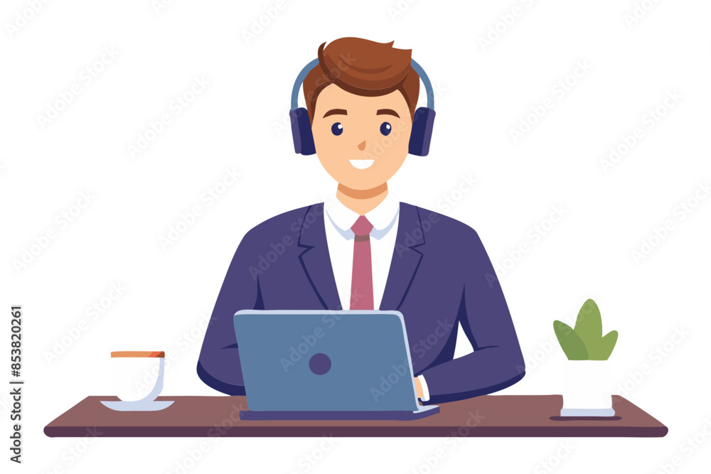 A serious and focused young man businessman conducts a business meeting via video call sits in the office in a headset in front of a laptop and explains gesturing with his hands modern flat design A serious and focused young man businessman conducts a business meeting via video call sits in the office in a headset in front of a laptop and explains gesturing with his hands modern flat design