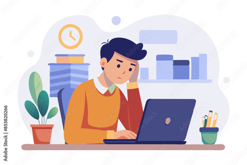 A serious and pensive young man is sitting in the office at a desk with a laptop holding his head with his hand and looking ahead in concentration modern flat design simple vector illustration A serious and pensive young man is sitting in the office at a desk with a laptop holding his head with his hand and looking ahead in concentration modern flat design simple vector illustration