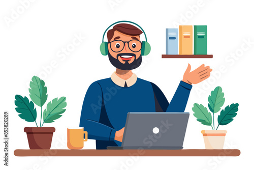 A young Muslim man wearing a headset and glasses is sitting in the office in front of a laptop and talking online on a video call smiling and gesturing with his hands modern flat design simple vector