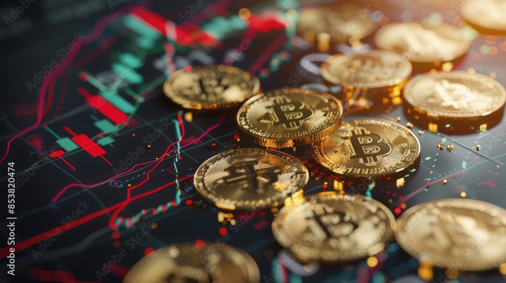 Golden Bitcoin coins surrounding a bullish stock chart, reflecting a significant rise in the market Golden Bitcoin coins surrounding a bullish stock chart, reflecting a significant rise in the market