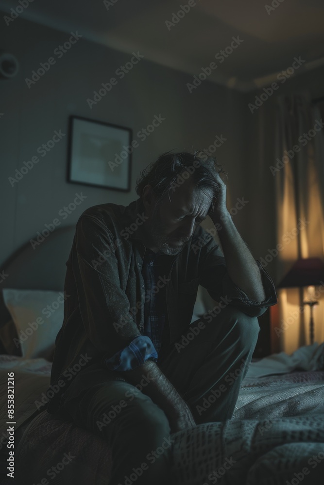 Middle-aged man sitting alone in dim room with head in hands