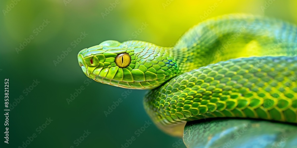 A green snake with yellow eyes is coiled and ready to strike. A green snake with yellow eyes is coiled and ready to strike.