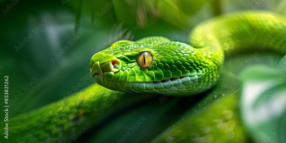 A green snake with yellow eyes is coiled up on a branch. The snake is looking at the camera. The background is blurred. A green snake with yellow eyes is coiled up on a branch. The snake is looking at the camera. The background is blurred.