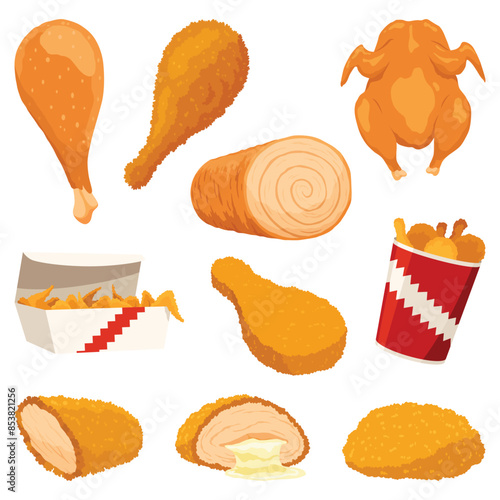 Fried chicken set. Crispy fried chicken pieces isolated on white background. Beautiful delicious in cartoon style. Fresh fast food fry meat. Hot wings, drumsticks, crispy strips