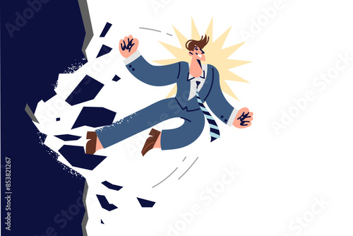 Ambitious business man breaks down wall, wanting destroy obstacle on way to achieve maximum profit