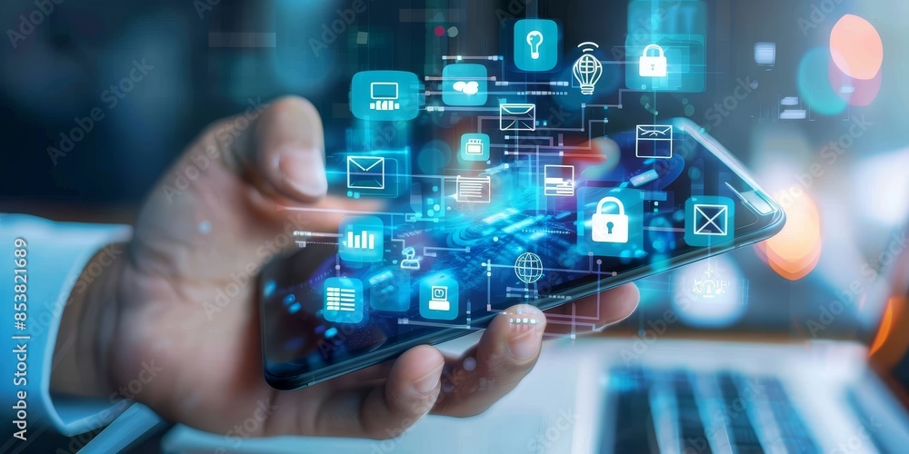 Hand holding a smartphone with various app icons. Hand holding a smartphone with various app icons.