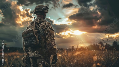 A soldier in camouflage is prepared for action, looking serious and focused, showing determination and professionalism AIG58