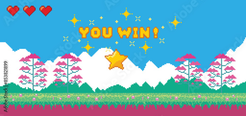 Pixel art game background. Retro 8 bit video game interface with You Win text. Old compute pixel art. Banner of pixel-game. Vector cartoon illustration