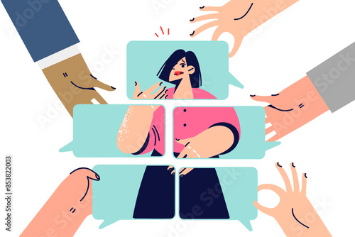 Social portrait of woman compiled by people around from small pieces, as metaphor of gossips