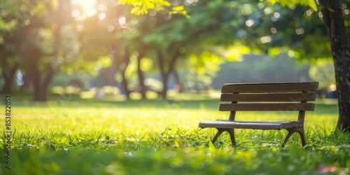 The photo shows a park bench sitting in a lush green field on a sunny day.