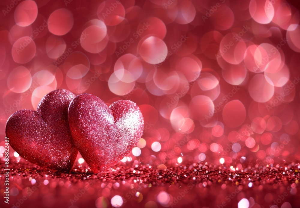 Pair of pink hearts on red sparkling background with bokeh effect for Valentine's Day celebration Pair of pink hearts on red sparkling background with bokeh effect for Valentine's Day celebration
