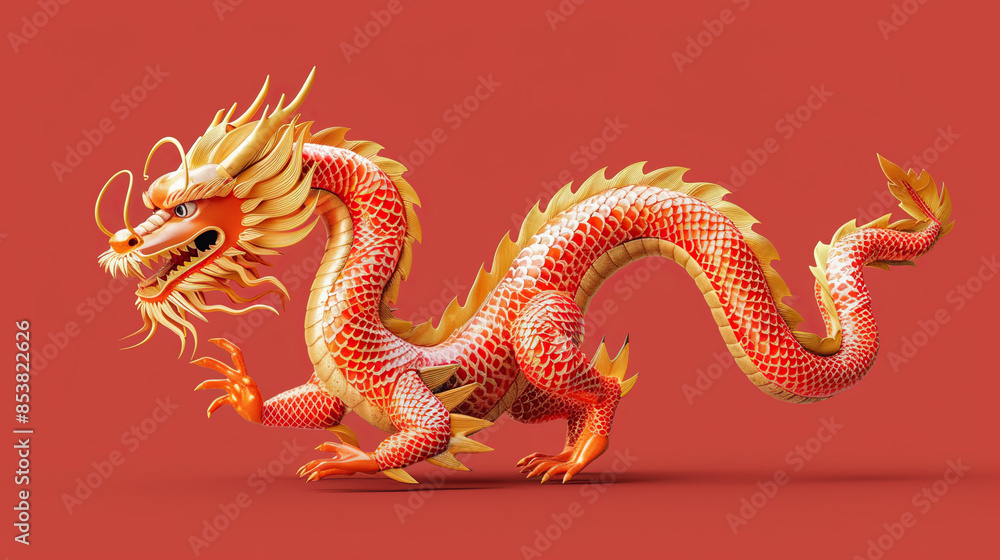 Obraz premium I imagine an image of a Chinese dragon statue intricately carved on a wall, symbolizing the rich culture and ancient traditions of China on isolate red background