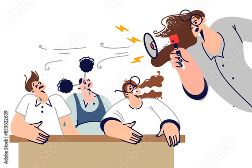 Angry woman teacher yells at school students using megaphone, standing near frightened children