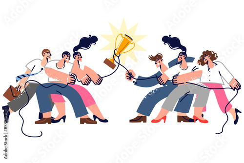 Battle between business people, fighting for ownership of golden cup and tug of war