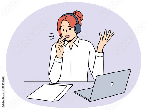 Stressed call center agent in headset talk with client consult about problem solving. Anxious female employee speak with customer help with online trouble. Vector illustration.