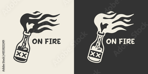Illustration of a burning molotov with the words on fire for printable products.