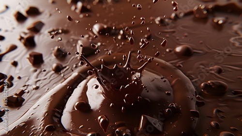 Rich, creamy melted chocolate splashing with chunks in a decadent, indulgent scene photo