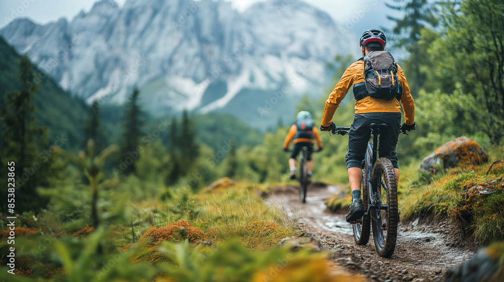 Two mountain bikers ride along a muddy trail through lush green forests, with towering mountain peaks in the background Two mountain bikers ride along a muddy trail through lush green forests, with towering mountain peaks in the background