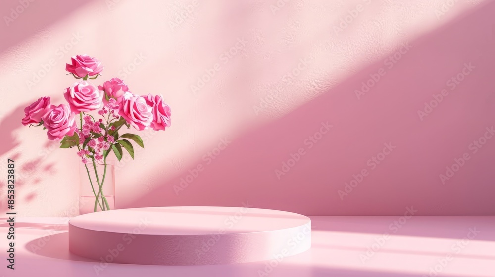 Pink round podium with pink roses glass vase decor Pink round podium with pink roses glass vase decor