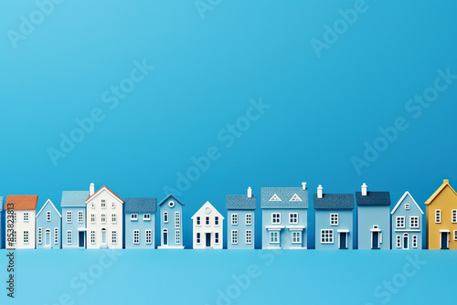 generated illustration of  small blue model houses in a row against blue background © seanzheng