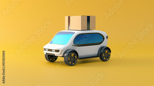 I imagine an image of a white car Package being delivered on the yellow background, depicted in a simple and clear style, suitable for an icon or illustration