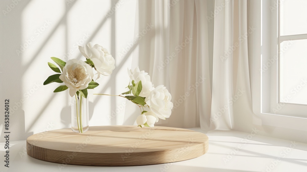 Wood round podium with white peonies in glass vase Wood round podium with white peonies in glass vase