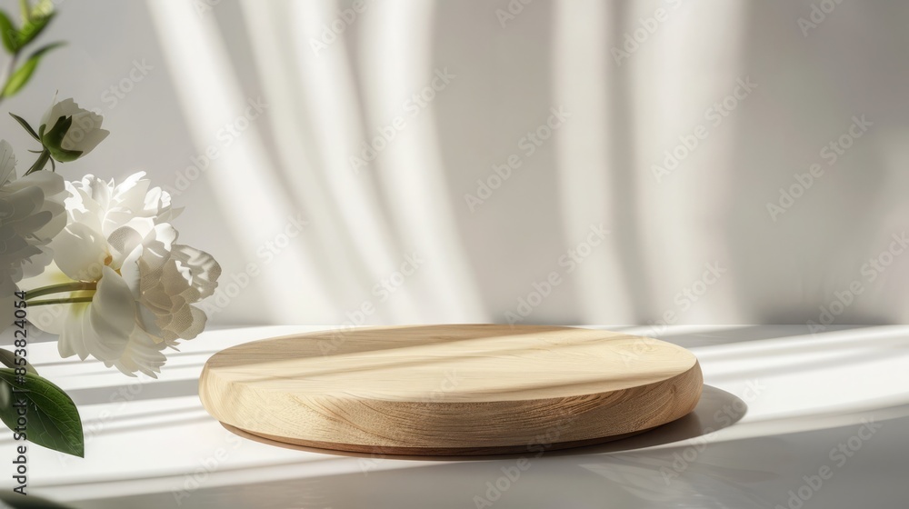Wood round podium with white peonies decoration Wood round podium with white peonies decoration