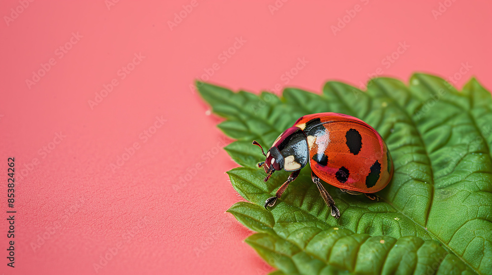 Fototapeta premium Ladybug on green leaf, pink background