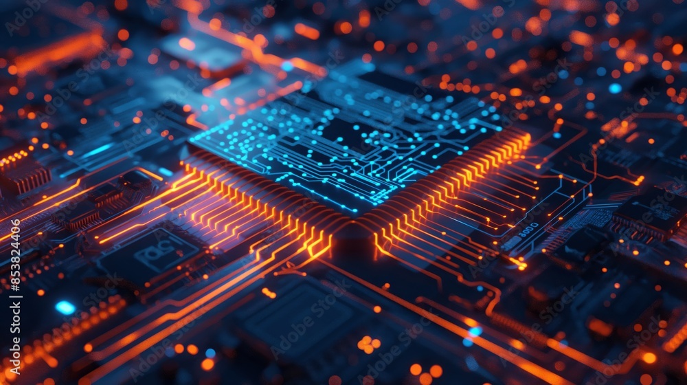 A close-up of a neon-lit circuit board with blue and orange pathways, illustrating the advanced technology and complexity of modern electronic systems. A close-up of a neon-lit circuit board with blue and orange pathways, illustrating the advanced technology and complexity of modern electronic systems.