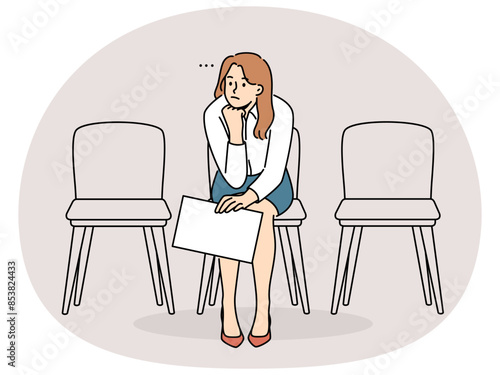 Bored businesswoman with document in hands sitting on chair in hallway waiting. Unhappy tired female employee with paperwork expect in hall. Vector illustration.