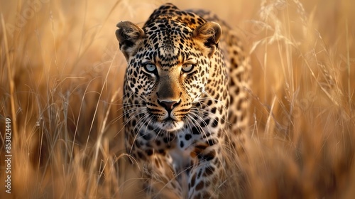 Stealthy leopard prowling through tall grass in the African plains, eyes focused on its prey