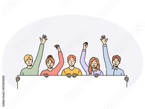 Smiling people holding mockup banner participate in demonstration or protest. Happy men and women with empty placard take part in rally. Volunteer and activist. Vector illustration.