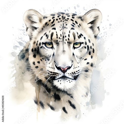 Adult snow leopard, panthera uncia, closeup of face. Digital watercolour on white background.