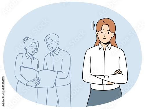 Unhappy female employee worry about colleagues talking in background. Upset angry woman worker bothered with coworkers engaged in teamwork. Vector illustration.
