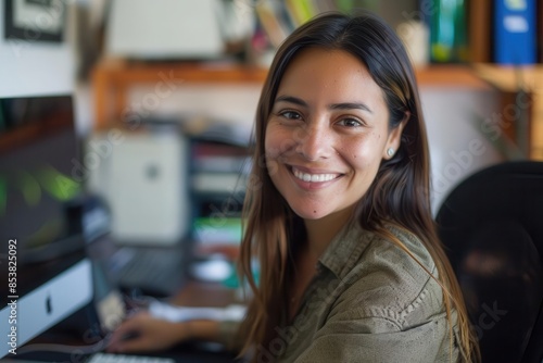 beautiful south american woman smiling while working at computer positive business portrait