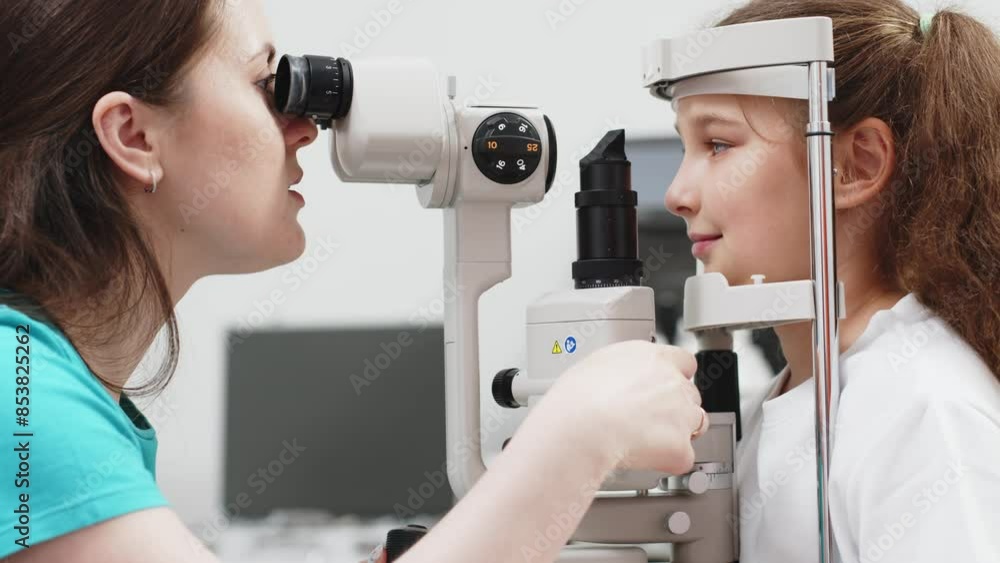 Examination of the child using a slit lamp. Microscope and focused light source. A device for high-precision examination of the eye to determine the condition of the lens. Examination of the child using a slit lamp. Microscope and focused light source. A device for high-precision examination of the eye to determine the condition of the lens.