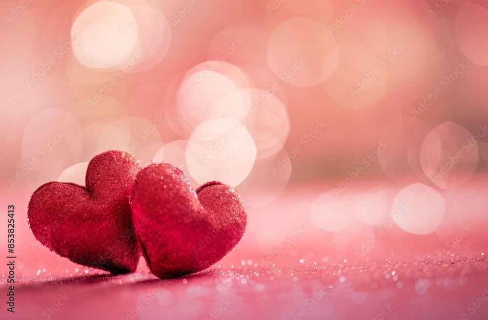 Obraz premium Two red hearts on a pink background with copy space for Valentine's Day celebration