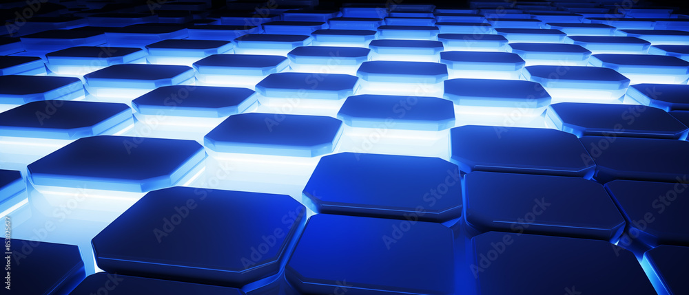 Obraz premium Glowing Blue Hexagonal Grid with Bright Illumination