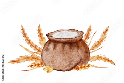 Watercolor sack with wheat flour and golden ears cut out from white background.