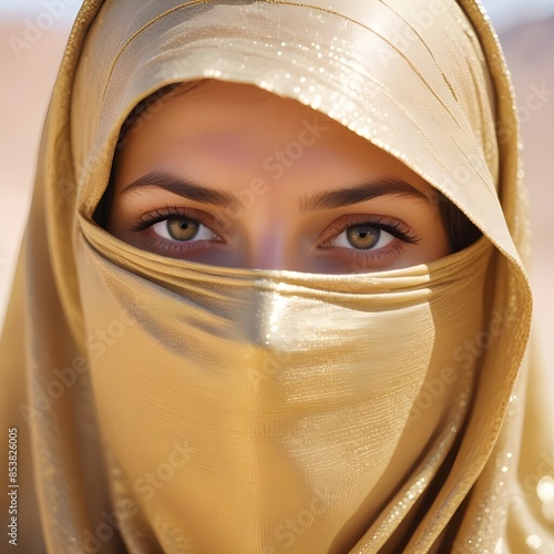 Arabic afghan arabian woman in a traditional brown veil burka niqab burqa close up portrait photo