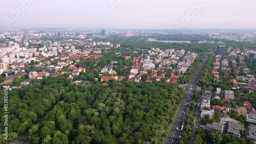 Wallpaper Mural Aerial drone footage of Victory square in Bucharest Romania. High angle shot of Victoria square in the capital of Romania. traffic flowing along the usual protester's area for revolutions and drama.
 Torontodigital.ca